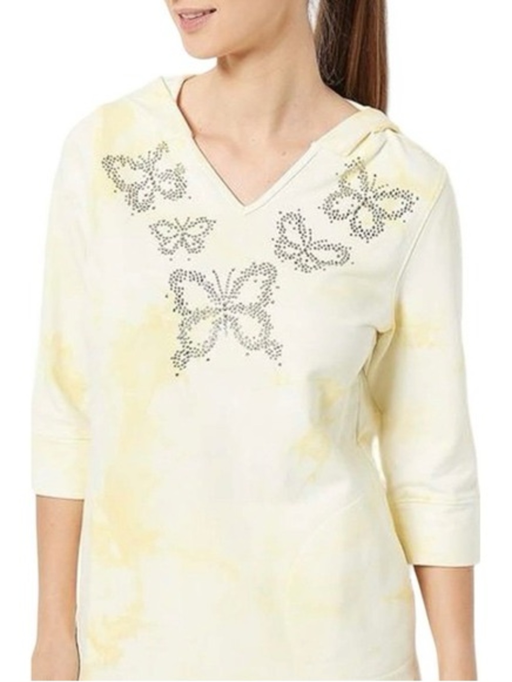 Quacker Factory Yellow tie dye Rhinestone Butterfly V-Neck Hoodie
